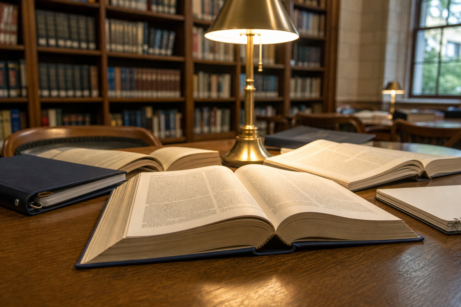 Academic reading table with books in warm light